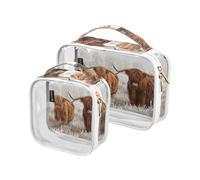 Clear Travel Toiletry Bag, Hairy Scottish Highlanders 2PCS Portable Waterproof Makeup Bag, Transparent Cosmetic Bag, Travel Storage Pouch