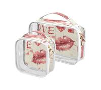 Clear Travel Toiletry Bag, Love Pink Lips 2PCS Portable Waterproof Makeup Bag, Transparent Cosmetic Bag, Travel Storage Pouch