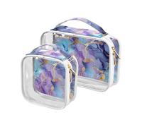 Clear Travel Toiletry Bag, Marble Watercolor Blue Purple Textures 2PCS Portable Waterproof Makeup Bag, Transparent Cosmetic Bag, Travel Storage Pouch