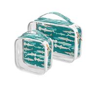 Clear Travel Toiletry Bag, Shark Green Pattern 2PCS Portable Waterproof Makeup Bag, Transparent Cosmetic Bag, Travel Storage Pouch