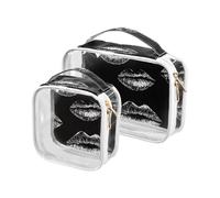 Clear Travel Toiletry Bag, White Line Lips Pattern 2PCS Portable Waterproof Makeup Bag, Transparent Cosmetic Bag, Travel Storage Pouch