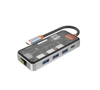 Clear USB Hub with RJ45 Gigabit Ethernet, 4K -Compatible 2.0 Output, 100W PD Charging, Dual Micro/ Card Reader