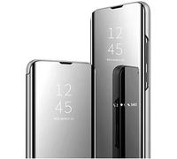 Clear View Case Compatible for Oppo A53 / Oppo A53s Standing Flip Folding Kickstand Cover with Full Screen Protection Shockproof Electroplate Plating Mirror Holder Smart Bumper Case-Silver