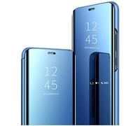 Clear View Case Compatible for Oppo A91 Standing Flip Folding Kickstand Cover with Full Screen Protection Shockproof Electroplate Plating Mirror Holder Smart Bumper Case-Blue