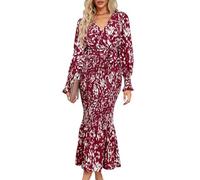 clear wind Women's Leopard Print Shirred Ruffle Trumpet Long Evening Dress Red L