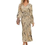 clear wind Women's Leopard Print Shirred Ruffle Trumpet Long Formal Dress Apricot M