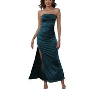 clear wind Women's Satin Strapless Ruched Tube Top High Slit Maxi Evening Dress Dark Green L