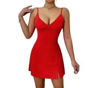 clear wind Women's Solid Color V Neck Spaghetti Strap Slit Mini Club Dress Red S