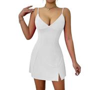 clear wind Women's Solid Color V Neck Spaghetti Strap Slit Mini Club Dress White XL