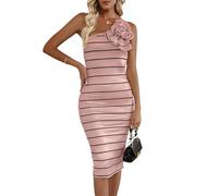 clear wind Women's Striped One-Shoulder 3D Flower Bodycon Dress Pink L
