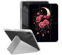 Clear Y-Fold Stand Case for iPad Air 11-inch 2025/2024 (M3/M2), iPad Air 5th/4th (2022/2020) Gen with Pencil Holder- Transparent Back Leather Cover with Auto Sleep/Wake,Pink Roses and a Crescent Moon