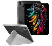 Clear Y-Fold Stand Case for iPad Pro 11 Inch 2025/2024 (M5/M4) with Pencil Holder- Slim Shockproof Transparent Back PU Leather Protective Cover with Auto Sleep/Wake,Colorful Dreamcatcher Feather