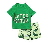 Clearance 18-24 M Toddler Boys Two Piece Swimsuit T-Shirt Short Set Bathing Suit Letter Animal Dinosaur Patterned Short Sleeve Rash Guard Shirt & Swim Trunks Swimwear Swimsuit Boy Shorts 001_Green