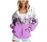 Clearance Bargains Lightening Deals Zip Up Hoodie Women Oversized Floral Print Drawstring Hooded Sweatshirts Casual Loose Long Sleeve Blouse Tee Essential Women Hoodies Clearance Purple