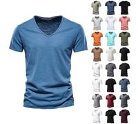 Clearance bargains Sale Bamboo T-Shirts for Men UK Fashion Solid Color Work Tee Shirt Casual Slim Fit V Neck Blouse Basic Muscle Fit Short Sleeve tee Shirts for Men Adult Gym Shirt A Blue