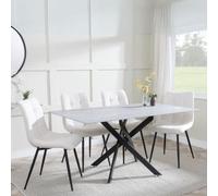 Clearance - Chopstick Grey Glass and Black Metal Dining Set - Corona Beige Fabric Chairs