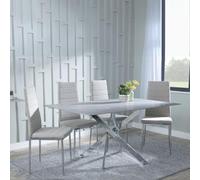 Clearance - Chopstick Grey Glass and Chrome Metal Dining Set - Lido Sand Fabric Chairs with Chrome Legs