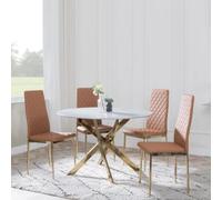Clearance - Chopstick Grey Glass and Gold Metal 4 Seater Round Dining Set - 4 Metro Burnt Orange Leather Chairs with Gold Legs