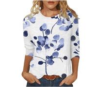 Clearance Deals Plus Size Blouses for Work Women's Spring/Summer Round Neck Flower Print Loose Casual 3/4 Sleeve T Shirt Online Gift Voucher Online Gift Vouchers Amazon UK Birthday Sky Blue