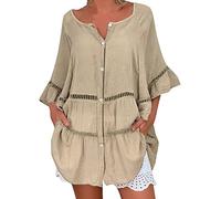 Clearance Deals Plus Size Summer Tops Women's Plus Size Solid Cotton and Linen Hollow Out V-Neck Pullover Tops Shirt Summer Ladies Tops Next Day Delivery Ladies Tops Sale Khaki