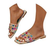 Clearance Diamond Sandals for Women Size 6 Womens Square Open Toe Slip on Glitter Sliders Mules Ladies Flat Summer Sandals Pink Footwears
