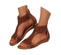 Clearance Flat Gladiator Sandals for Women Size 5 Open Toe T-Bar Faux Leather Roman Tan Flat Sandals with Zip Back Brown Footwears