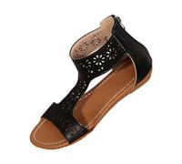 Clearance Flat Gladiator Sandals for Women Size 7 Open Toe T-Bar Faux Leather Roman Tan Flat Sandals with Zip Back Black Footwears