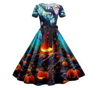 Clearance Halloween Dress, Women Pumpkin Skull Skater Evening Party Prom Cocktail Swing Dress Vintage Elegant A-line Skull Dress Halloween Costumes for Women Long Sleeve Round Neck