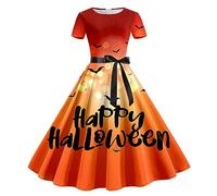 Clearance Halloween Dress, Women Pumpkin Skull Skater Evening Party Prom Cocktail Swing Dress Vintage Elegant A-line Skull Dress Halloween Costumes for Women Long Sleeve Round Neck