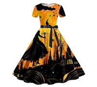 Clearance Halloween Dress, Women Pumpkin Skull Skater Evening Party Prom Cocktail Swing Dress Vintage Elegant A-line Skull Dress Halloween Costumes for Women Long Sleeve Round Neck