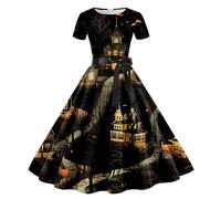 Clearance Halloween Dress, Women Pumpkin Skull Skater Evening Party Prom Cocktail Swing Dress Vintage Elegant A-line Skull Dress Halloween Costumes for Women Long Sleeve Round Neck