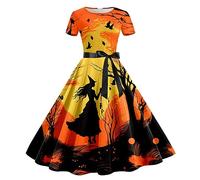 Clearance Halloween Dress, Women Pumpkin Skull Skater Evening Party Prom Cocktail Swing Dress Vintage Elegant A-line Skull Dress Halloween Costumes for Women Long Sleeve Round Neck