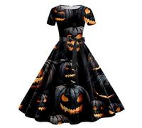 Clearance Halloween Dress, Women Pumpkin Skull Skater Evening Party Prom Cocktail Swing Dress Vintage Elegant A-line Skull Dress Halloween Costumes for Women Long Sleeve Round Neck