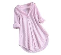 Clearance Items My Orders UK Amazon Women's Blouses & Shirts Stripe Sleeve Shirts Turn-Down Loose Long Blouse Collar Women Top Button Women's Blouse Pink