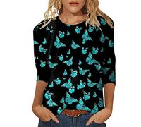 Clearance Items Oversized Linen Shirts for Women Womens Daily Butterfly Print O Neck Tops Three Quarter Sleeve Round Neck Tee Deals of The Day Warehouse Clearance Bargains Sale