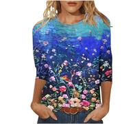 Clearance Items Personalized T Shirts Women's Spring/Summer Round Neck Flower Print Loose Casual 3/4 Sleeve T Shirt Plus Delete My Order History on Amazon Blue