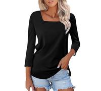 Clearance Items Plus Size Longline Tops Women's Fashionable and Casual Solid Color Square Neck Three Quarter Sleeve Top T Best Prime Deals top 20 Charts 2024 Black