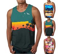 Clearance Mens Gym Tank Tops Hawaiian Printed Vest Muscle T Shirt Sleeveless Shirts Round Neck Singlet Loose Fit Casual Undershirt Quick Dry Singlet Running Gym Fitness Sport Wear Beach Holiday Tee