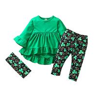 Clearance St. Patrick's Day Toddler Girl Outfit 3Pcs Long Sleeve Ruffles Sweatshirt T-Shirt Tops and Lucky Shamrock Pants Scarf Sets Girls St Paddys Day Clothes Set Cute Green Festival Costume