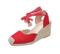 Clearance UK 3.5 Wedge Sandals for Women Ladies Lace up Espadrille Close Cap Toe Platform Wedge Heel Tie up Ankle Strap Dressy Sandals Espadrilles Shoes #A1_Red