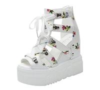 Clearance UK 4.5 Women Floral Platform Peep Toe Wedge Sandals Gladiator Chunky High Hidden Heel Zipper Caged Bootie Gothic Lolita Dress Pumps Shoes Back Zip Wedge Heel Sandal Sandles White