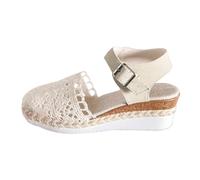 Clearance UK 5 Closed Toe Wedge Sandals Women's Slingback Wedges Low Heels Lace Crochet Vamp Closed Round Toe Heel Wedding Party Dress Pumps Shoes A3_White Footwear Sandles Sandalias