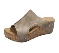 Clearance UK 5 Cork Wedge Platform Sandals for Women Open Toe High Wedge Heel Slide Sandals 03_Khaki