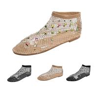 Clearance UK 5 Mesh Flats for Women Fishnet Sandals Ankle Boots Low Heel Slip on Rhinestone Shoes for Ladies Girls GD2 Footwear Sandles Sandalias