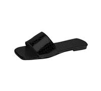 Clearance UK 5 Metallic Shinny Slip on Mules Slide Sandals Square Open Toe Sliders for Women Ladies Black Footwear Sandles Sandalias