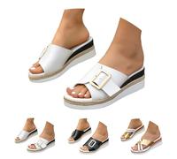 Clearance UK 5 Women's Buckle Wedge Slides Sandals,Slip on Open Toe High Heels Platform Chunky Casual Summer Shoes Walking Sandals Ladies A2_White Footwear Sandle