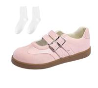 Clearance UK 5 Women's Retro Classic Fashion Sneakers Gum Sole Lace up Skate Shoes with Double Buckle Strap Mary Jane Casual Comfortable Breathable School Tennis Shoes Girls Pink Footwear
