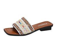 Clearance UK 5 Women's Sandals & Slides Low Heels Ladies Ethnic Boho Retro Open Square Toe Slides Sandals Flat Mules Slip on Dressy Slippers White Footwear Sandle