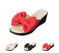 Clearance UK 6.5 Women's Cute Bowknot Wedge Sandal Mules with Big Bow,Ladies Open Toe Mid Heel Wedge Mules Slip on Slide Sandals Red Footwear Sandles Sandalias