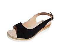 Clearance UK 6.5 Women's Peep Toe Bow Slingback Low Wedge Sandals,Hessian Espadrilles Adjustable Buckle Ankle Strap Sandals Comfort Slip on Back Strap Summer Shoes for Ladies Z1_Black